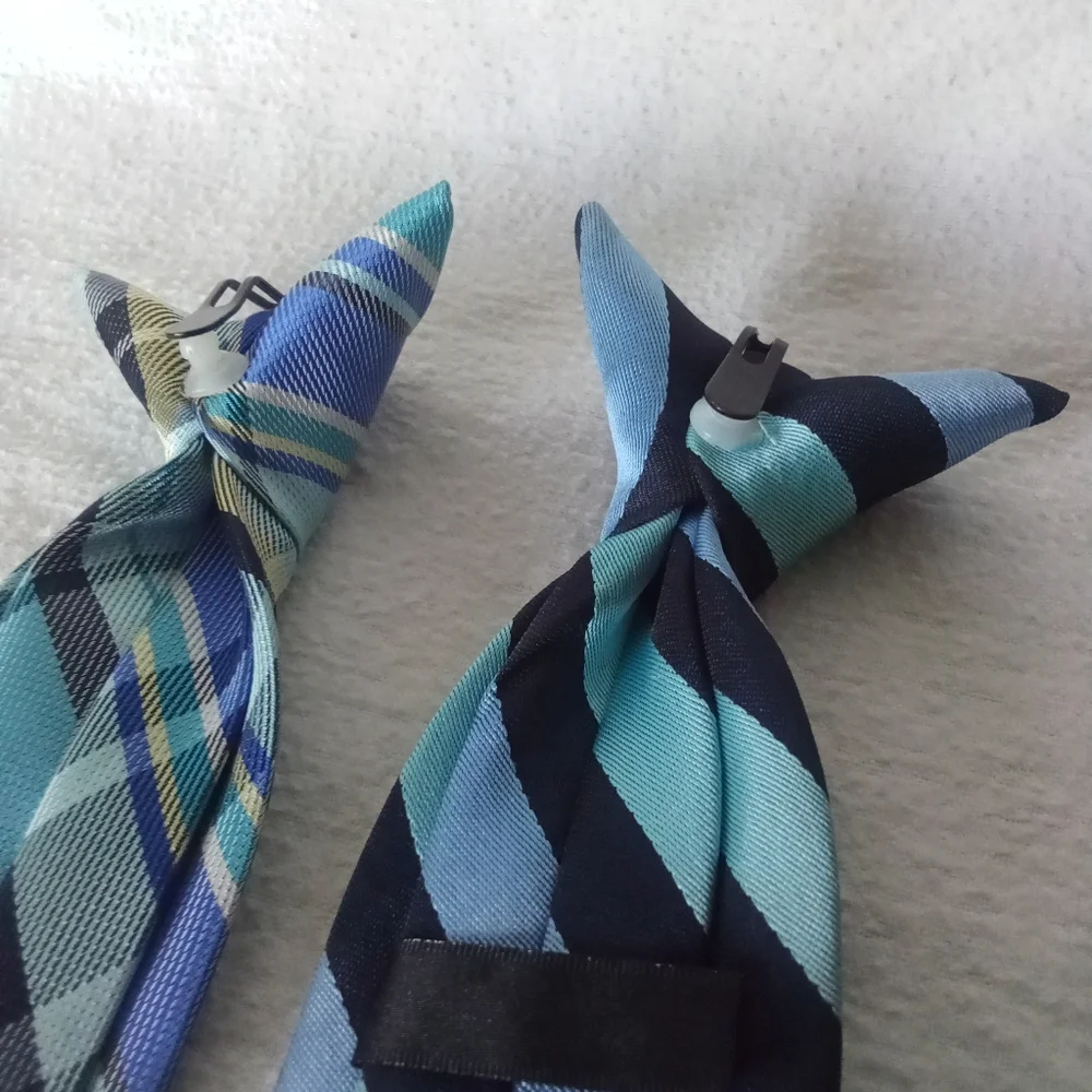 Boys 2 Clip On Ties Blue Stripes & Plaid